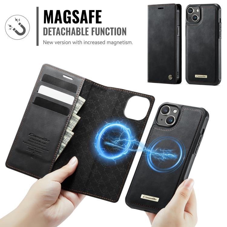 Funda de cuero desmontable CaseMe C49 con bloqueo RFID MagSafe para iPhone 14 (negra)