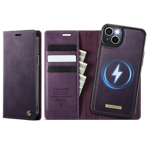 Funda de cuero desmontable CaseMe C49 con bloqueo RFID MagSafe para iPhone 14 (morado)