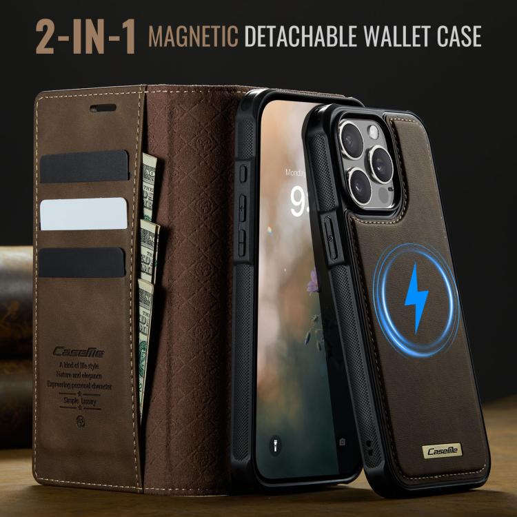 Funda de cuero desmontable CaseMe C49 con bloqueo RFID MagSafe para iPhone 14 Pro Max (café)