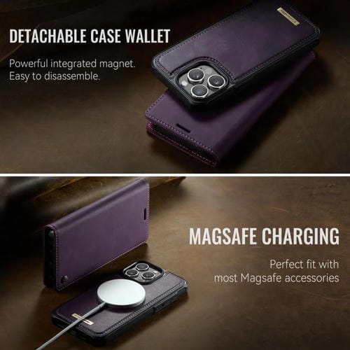 Funda de cuero desmontable CaseMe C49 con bloqueo RFID MagSafe para iPhone 14 Pro Max (morado)