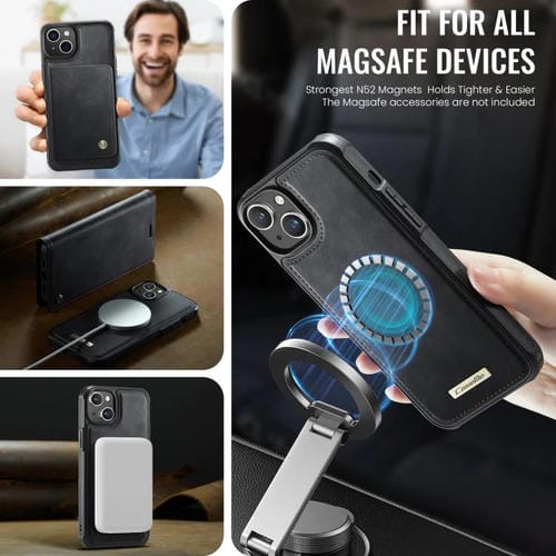 Funda de cuero desmontable CaseMe C49 con bloqueo RFID MagSafe para iPhone 13 (negra)