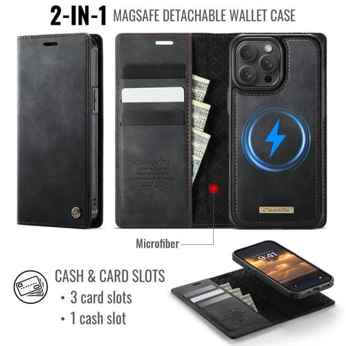 Funda de cuero desmontable CaseMe C49 MagSafe con bloqueo RFID para iPhone 13 Pro (negra)