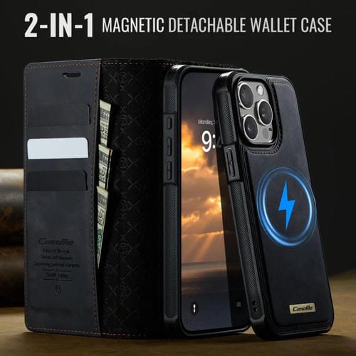 Funda de cuero desmontable CaseMe C49 con bloqueo RFID MagSafe para iPhone 13 Pro Max (negra)