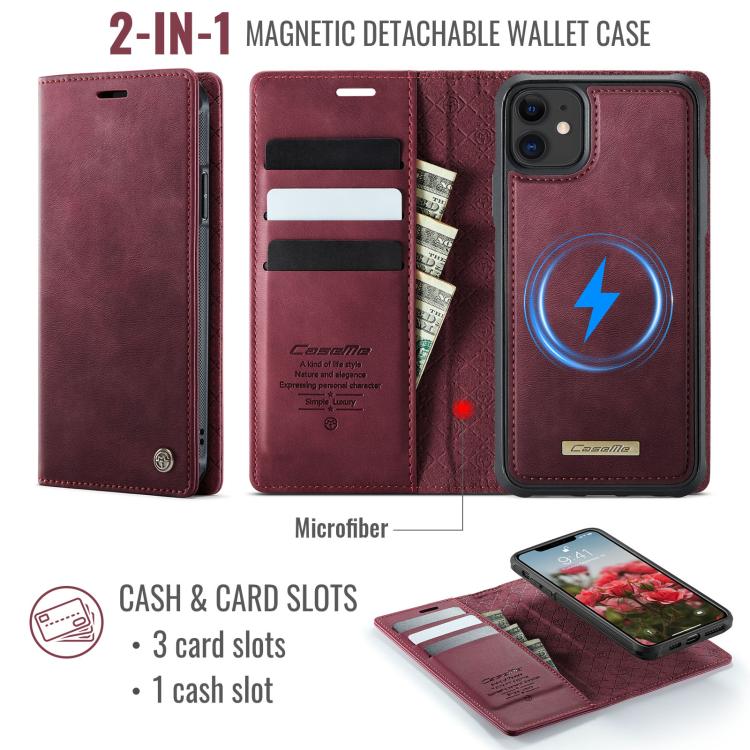 Funda de cuero desmontable CaseMe C49 con bloqueo RFID MagSafe para iPhone 11 (roja)
