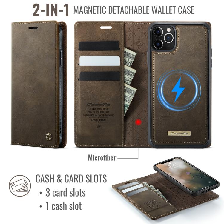Funda de cuero desmontable CaseMe C49 con bloqueo RFID MagSafe para iPhone 11 Pro Max (café)