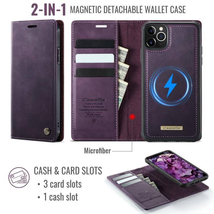 Funda de cuero desmontable CaseMe C49 con bloqueo RFID MagSafe para iPhone 11 Pro Max (morado)