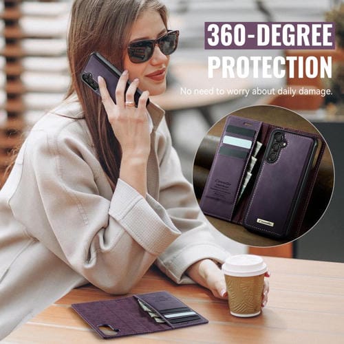 Funda de cuero desmontable con bloqueo RFID magnético CaseMe C49 para Samsung Galaxy A15 (morado)