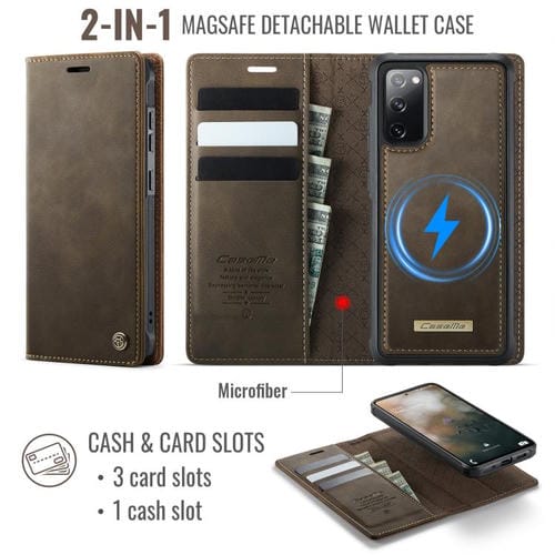 Funda de cuero desmontable CaseMe C49 con bloqueo RFID magnético para Samsung Galaxy S20 FE (café)