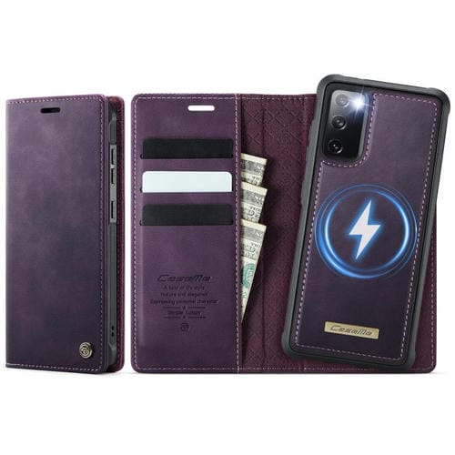 Funda de cuero desmontable CaseMe C49 para Samsung Galaxy S20 FE con bloqueo RFID magnético (morado)