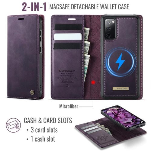 Funda de cuero desmontable CaseMe C49 para Samsung Galaxy S20 FE con bloqueo RFID magnético (morado)