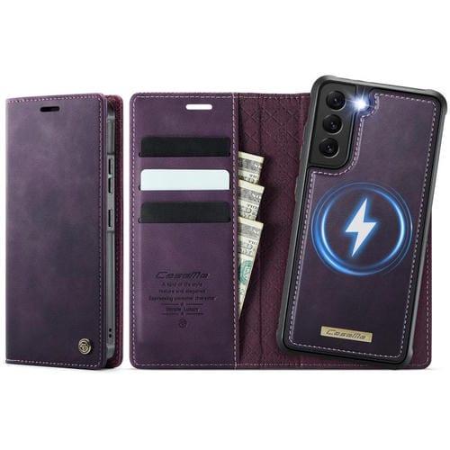 Funda de cuero desmontable con bloqueo RFID magnético para Samsung Galaxy S22+ 5G CaseMe C49 (morado)