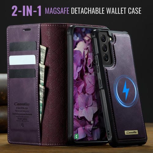 Funda de cuero desmontable con bloqueo RFID magnético para Samsung Galaxy S22+ 5G CaseMe C49 (morado)