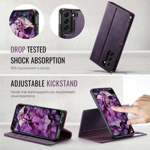 Funda de cuero desmontable con bloqueo RFID magnético para Samsung Galaxy S22+ 5G CaseMe C49 (morado)