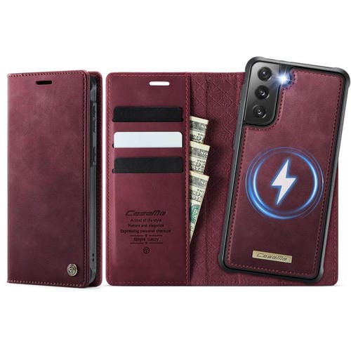 Funda de cuero desmontable CaseMe C49 con bloqueo RFID magnético para Samsung Galaxy S21 FE 5G (roja)