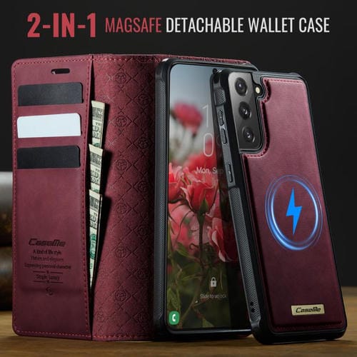 Funda de cuero desmontable CaseMe C49 con bloqueo RFID magnético para Samsung Galaxy S21 FE 5G (roja)