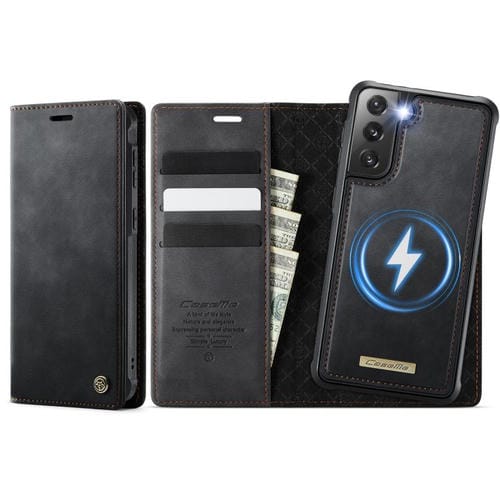 Funda de cuero desmontable CaseMe C49 con bloqueo RFID magnético para Samsung Galaxy S21 FE 5G (negra)