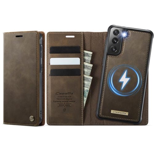Funda de cuero desmontable con bloqueo RFID magnético CaseMe C49 para Samsung Galaxy S21 FE 5G (café)