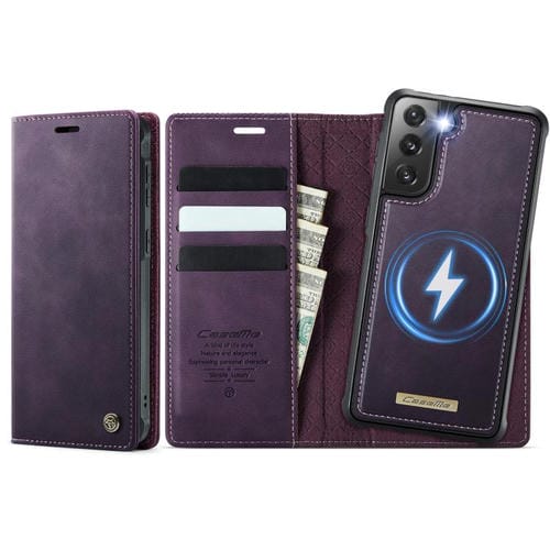 Funda de cuero desmontable CaseMe C49 para Samsung Galaxy S21 FE 5G con bloqueo RFID magnético (morado)