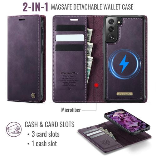 Funda de cuero desmontable CaseMe C49 para Samsung Galaxy S21 FE 5G con bloqueo RFID magnético (morado)