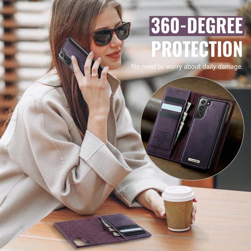 Funda de cuero desmontable CaseMe C49 para Samsung Galaxy S21 FE 5G con bloqueo RFID magnético (morado)
