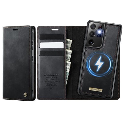 Funda de cuero desmontable con bloqueo RFID magnético para Samsung Galaxy S21 Ultra 5G CaseMe C49 (negro)