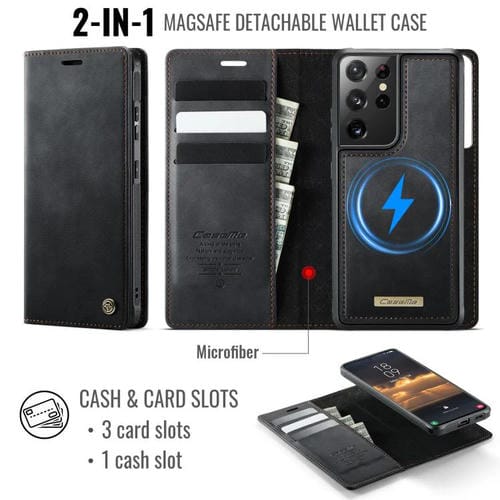 Funda de cuero desmontable con bloqueo RFID magnético para Samsung Galaxy S21 Ultra 5G CaseMe C49 (negro)