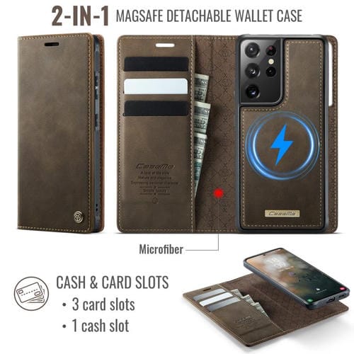 Funda de cuero desmontable con bloqueo RFID magnético para Samsung Galaxy S21 Ultra 5G CaseMe C49 (café)