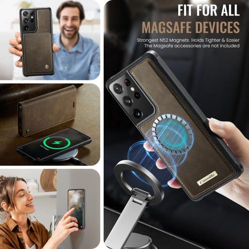 Funda de cuero desmontable con bloqueo RFID magnético para Samsung Galaxy S21 Ultra 5G CaseMe C49 (café)