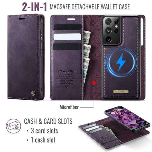 Funda de cuero desmontable CaseMe C49 con bloqueo RFID magnético para Samsung Galaxy S21 Ultra 5G (morado)