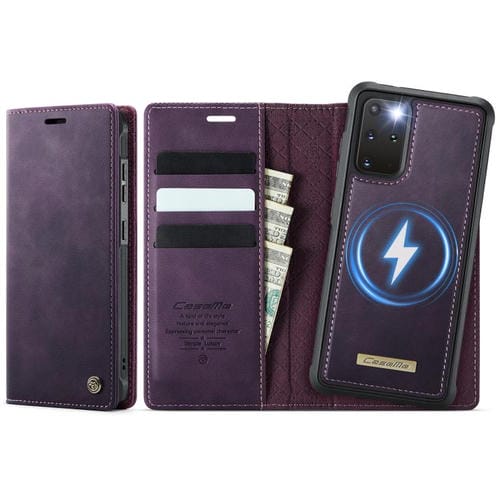 Funda de cuero desmontable CaseMe C49 con bloqueo RFID magnético para Samsung Galaxy S20+ (morado)