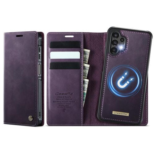 Funda de cuero desmontable CaseMe C49 con bloqueo RFID magnético para Samsung Galaxy A13/A04s (morado)