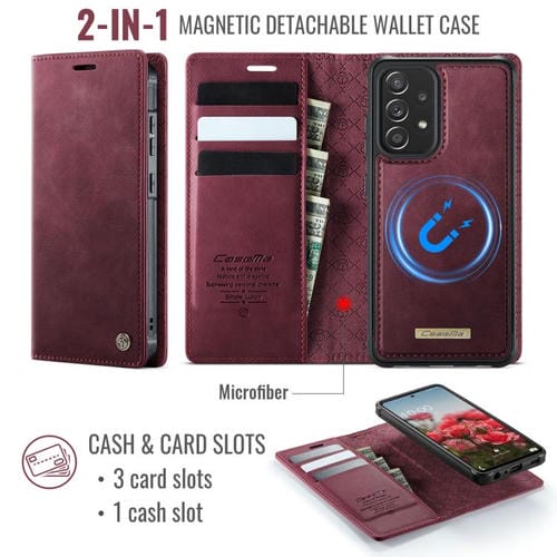 Funda de cuero desmontable CaseMe C49 con bloqueo RFID magnético para Samsung Galaxy A52/A52s (roja)