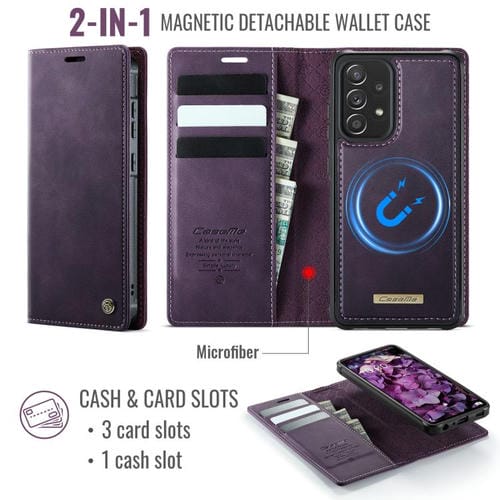 Funda de cuero desmontable CaseMe C49 con bloqueo RFID magnético para Samsung Galaxy A52/A52s (morado)