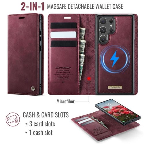 Funda de cuero desmontable con bloqueo RFID magnético para Samsung Galaxy S22 Ultra 5G CaseMe C49 (roja)