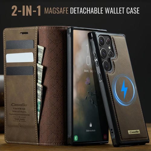 Funda de cuero desmontable con bloqueo RFID magnético para Samsung Galaxy S22 Ultra 5G CaseMe C49 (café)