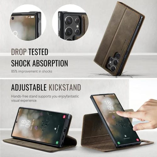 Funda de cuero desmontable con bloqueo RFID magnético para Samsung Galaxy S22 Ultra 5G CaseMe C49 (café)