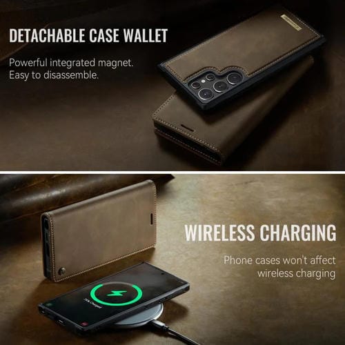 Funda de cuero desmontable con bloqueo RFID magnético para Samsung Galaxy S22 Ultra 5G CaseMe C49 (café)