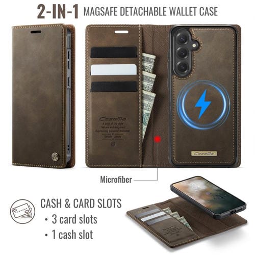 Funda de cuero desmontable con bloqueo RFID magnético para Samsung Galaxy S23 FE 5G CaseMe C49 (café)