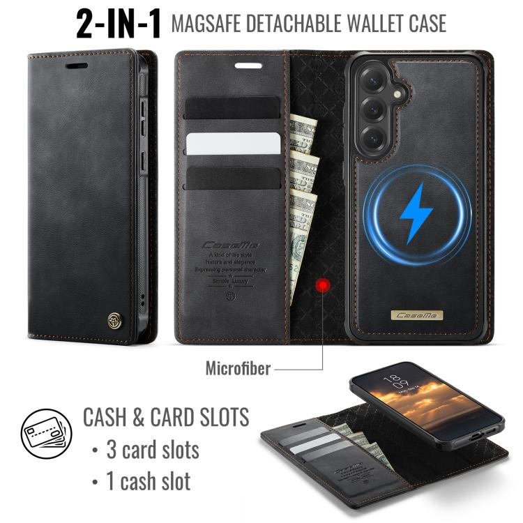 Funda de cuero desmontable CaseMe C49 con bloqueo RFID magnético para Samsung Galaxy S24 FE 5G (negra)