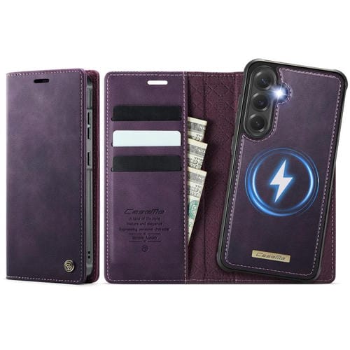 Funda de cuero desmontable con bloqueo RFID magnético para Samsung Galaxy S24 FE 5G CaseMe C49 (morado)
