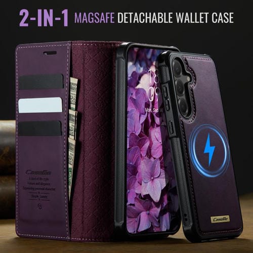 Funda de cuero desmontable con bloqueo RFID magnético para Samsung Galaxy S24 FE 5G CaseMe C49 (morado)