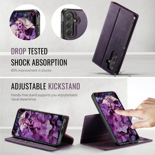 Funda de cuero desmontable con bloqueo RFID magnético para Samsung Galaxy S24 FE 5G CaseMe C49 (morado)
