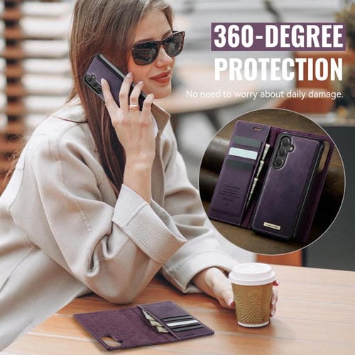 Funda de cuero desmontable con bloqueo RFID magnético para Samsung Galaxy S24 FE 5G CaseMe C49 (morado)