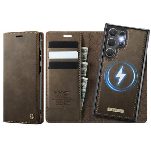 Funda de cuero desmontable con bloqueo RFID magnético para Samsung Galaxy S24 Ultra 5G CaseMe C49 (café)