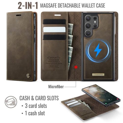 Funda de cuero desmontable con bloqueo RFID magnético para Samsung Galaxy S24 Ultra 5G CaseMe C49 (café)