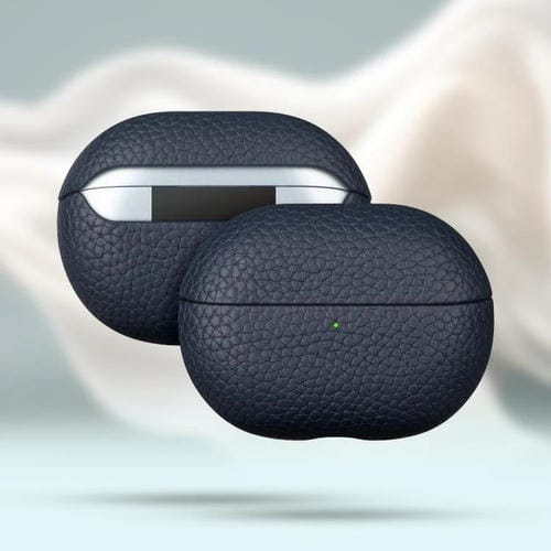 Funda protectora de cuero genuino con estampado de lichi para auriculares Bluetooth Huawei FreeBuds Pro 4 (azul oscuro)