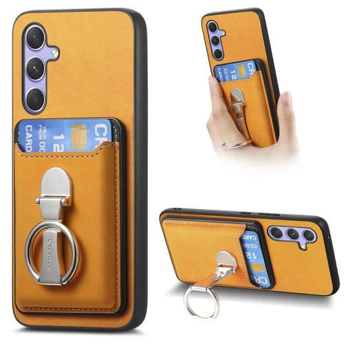 Funda retro plegable con anillo y tarjetero MagSafe para Samsung Galaxy A34 5G (amarilla)