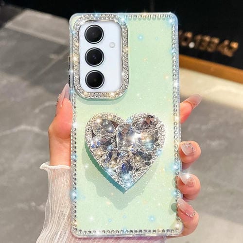 Funda con forma de corazón y diamantes brillantes para Samsung Galaxy A56 5G (verde claro)