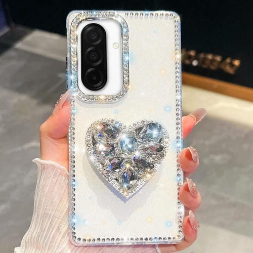 Funda para Samsung Galaxy A26 5G con diseño de corazón, piedras preciosas y brillo de diamantes (blanca)