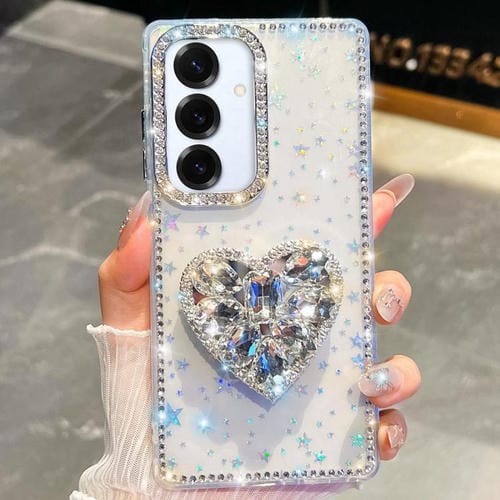 Funda para Samsung Galaxy S25 5G con purpurina de diamantes y piedras preciosas en forma de corazón (estrellas transparentes)